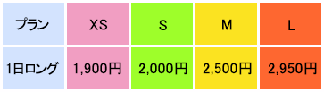 プラン 1日ロング SMALL 1,800円 MIDDLE 2,400円 LARGE 2,900円